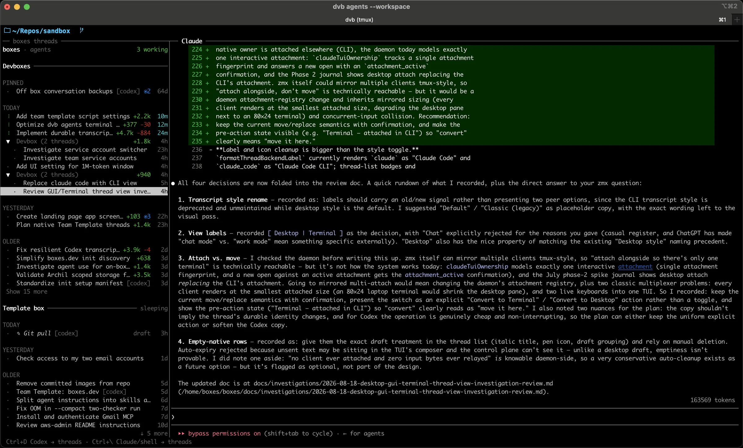 dvb agents workspace in a terminal showing the live thread list