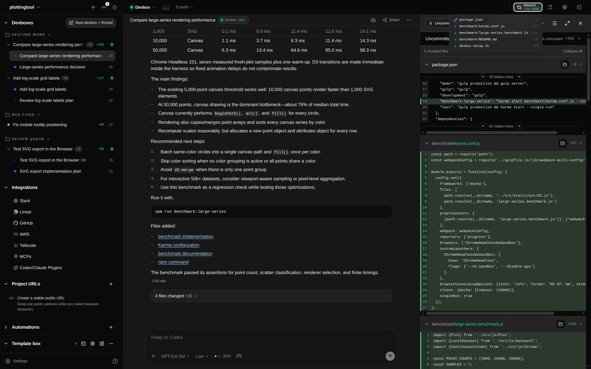 boxes.dev desktop workbench with organized devboxes, transcript, and Git diff