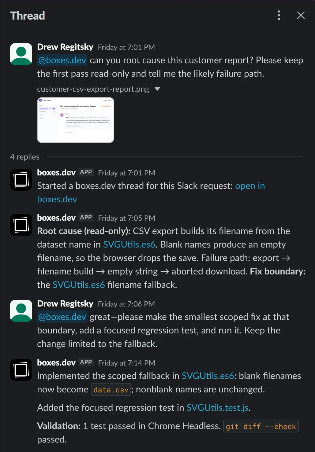 A @boxes.dev thread in Slack root-causing and fixing a customer report