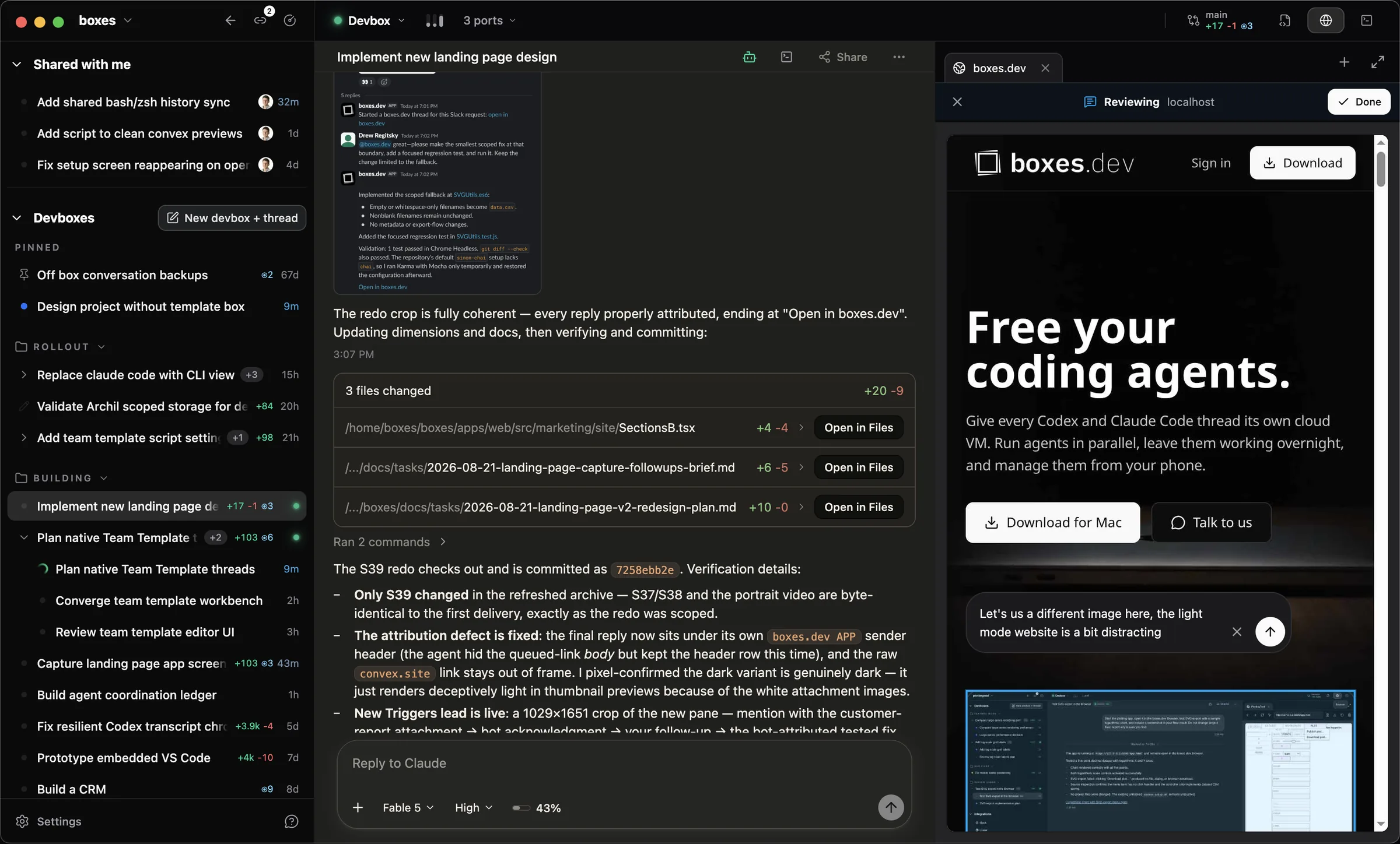 boxes.dev desktop workbench - thread list, agent transcript, integrated terminal
